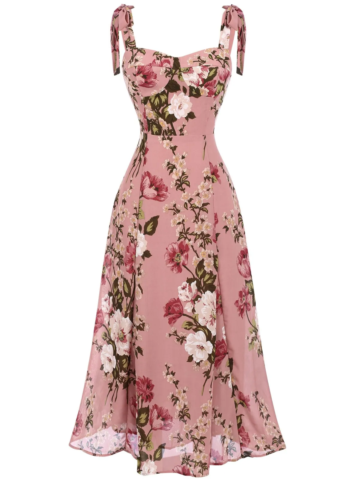 Sale Retro Stage 1940s Floral Lace-Up Dress Pink