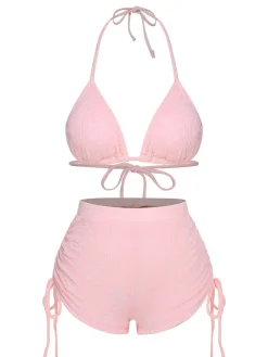 Fashion Retro Stage 1960s Floral Lace-Up Halter Swimsuit Pink