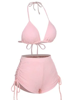 Fashion Retro Stage 1960s Floral Lace-Up Halter Swimsuit Pink