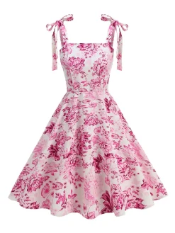 Sale Retro Stage 1950s Floral Lace-Up Swing Dress Pink