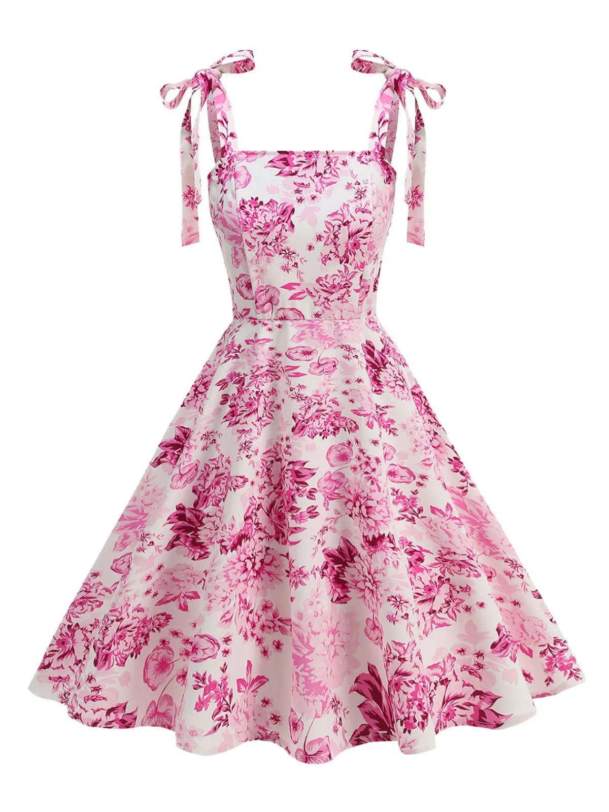 Sale Retro Stage 1950s Floral Lace-Up Swing Dress Pink