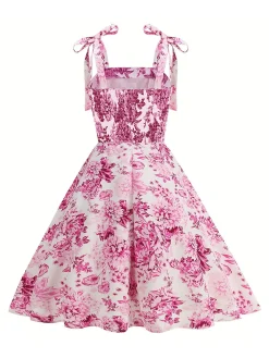 Sale Retro Stage 1950s Floral Lace-Up Swing Dress Pink