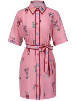 Online Retro Stage 1960s Floral Print Lapel Belted Dress Pink