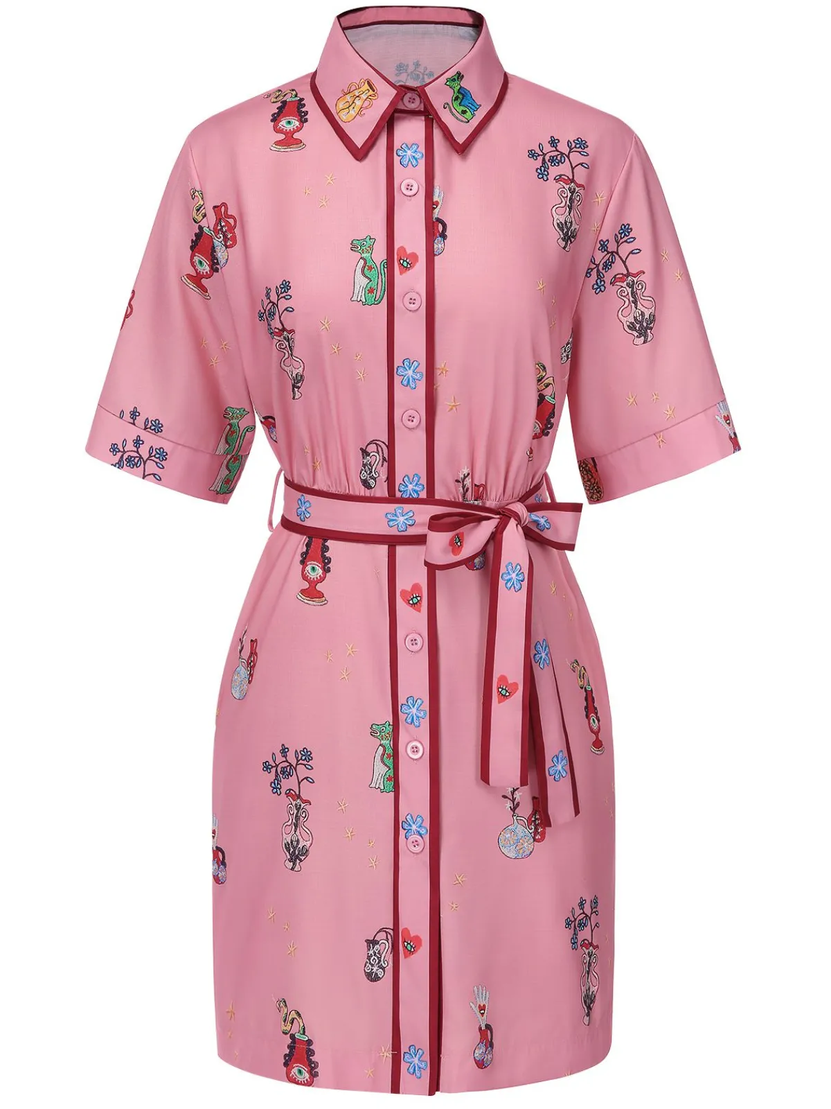 Online Retro Stage 1960s Floral Print Lapel Belted Dress Pink