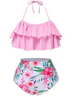 Outlet Retro Stage 1930s Floral Ruffle Halter Swimsuit Pink