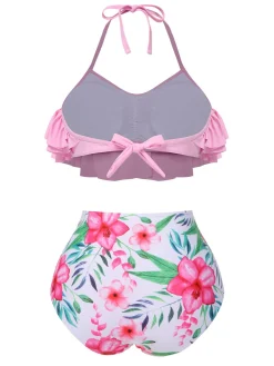 Outlet Retro Stage 1930s Floral Ruffle Halter Swimsuit Pink