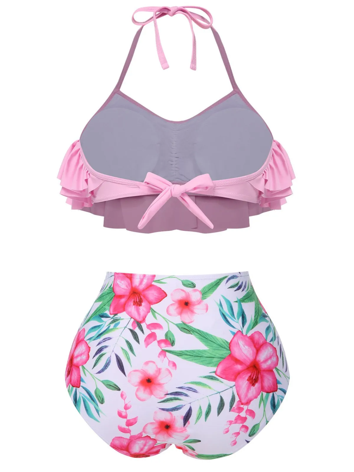 Outlet Retro Stage 1930s Floral Ruffle Halter Swimsuit Pink