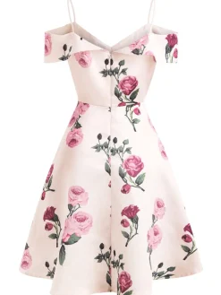 Hot Retro Stage 1950s Floral Spaghetti Strap Dress Pink