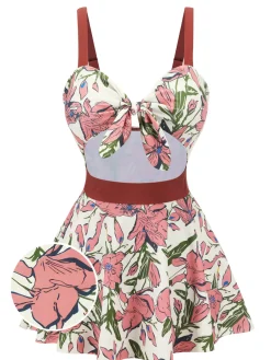 Online Retro Stage 1940s Floral Strap One-Piece Swimsuit Pink