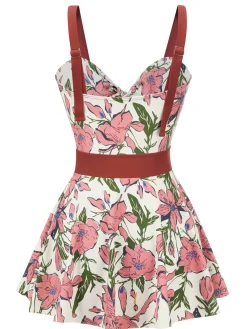 Online Retro Stage 1940s Floral Strap One-Piece Swimsuit Pink
