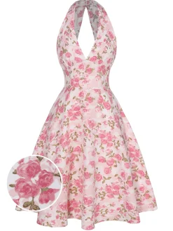 Best Retro Stage Pink 1950s Floral V-Neck Dress