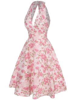 Best Retro Stage Pink 1950s Floral V-Neck Dress