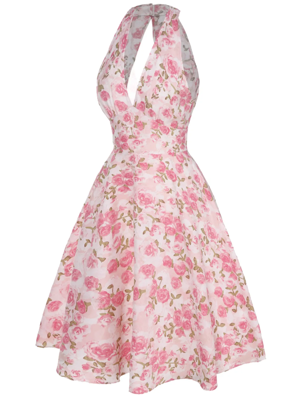 Best Retro Stage Pink 1950s Floral V-Neck Dress