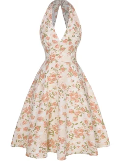 Best Retro Stage Pink 1950s Floral V-Neck Dress