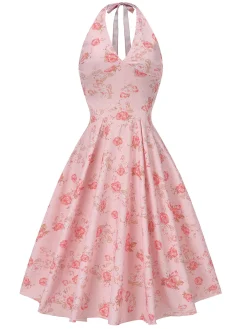 Fashion Retro Stage 1950s Floral V-Neck Halter Dress Pink