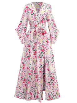 Outlet Retro Stage 1940s Flouce Sleeve V-Neck Floral Dress Pink