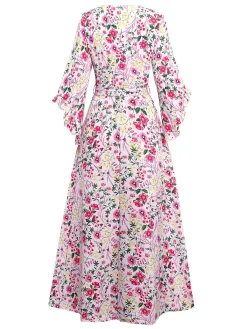 Outlet Retro Stage 1940s Flouce Sleeve V-Neck Floral Dress Pink