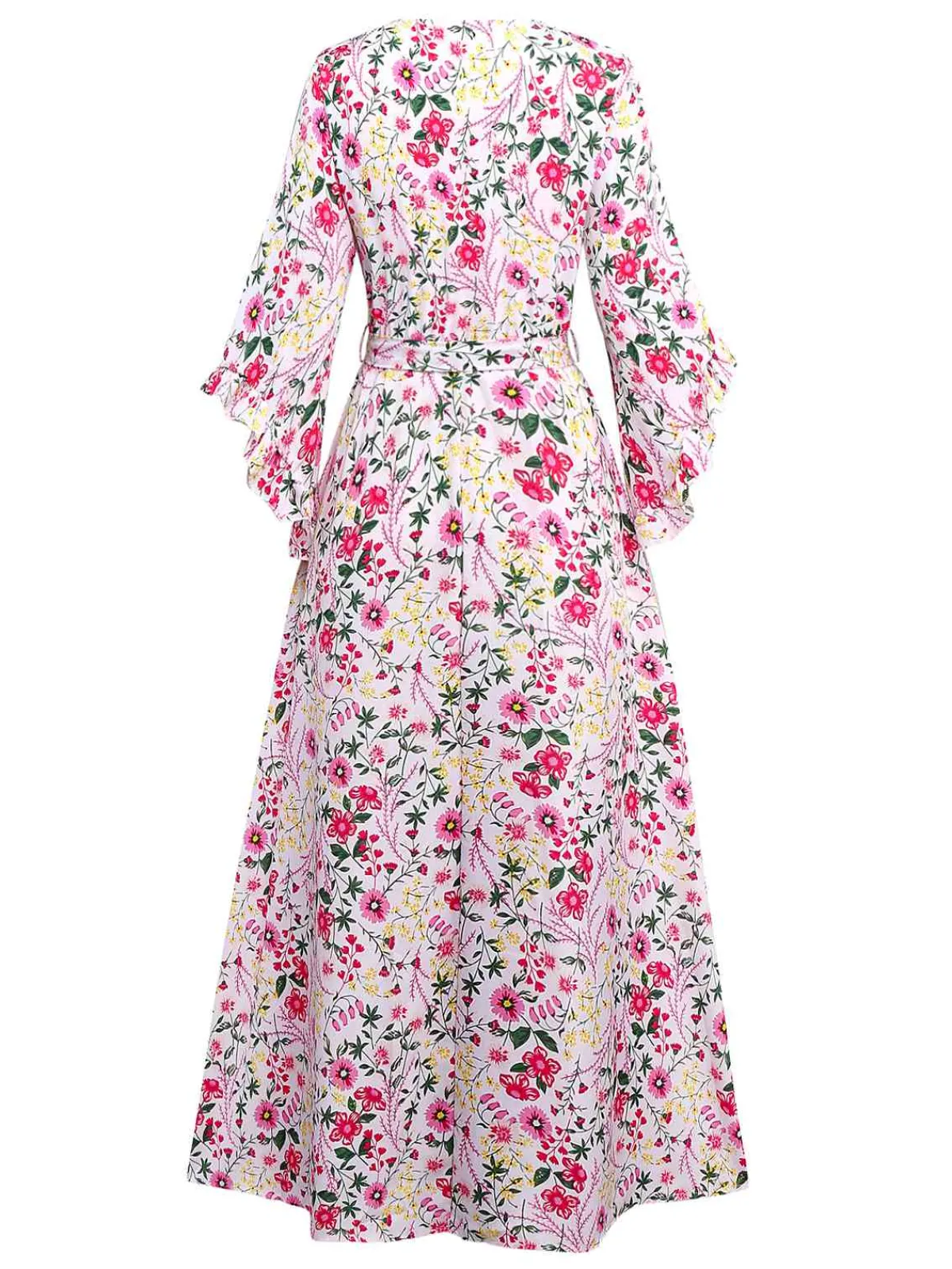 Outlet Retro Stage 1940s Flouce Sleeve V-Neck Floral Dress Pink