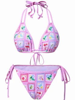 New Retro Stage 1960s Fruits Plaid Halter Bikini Set Pink