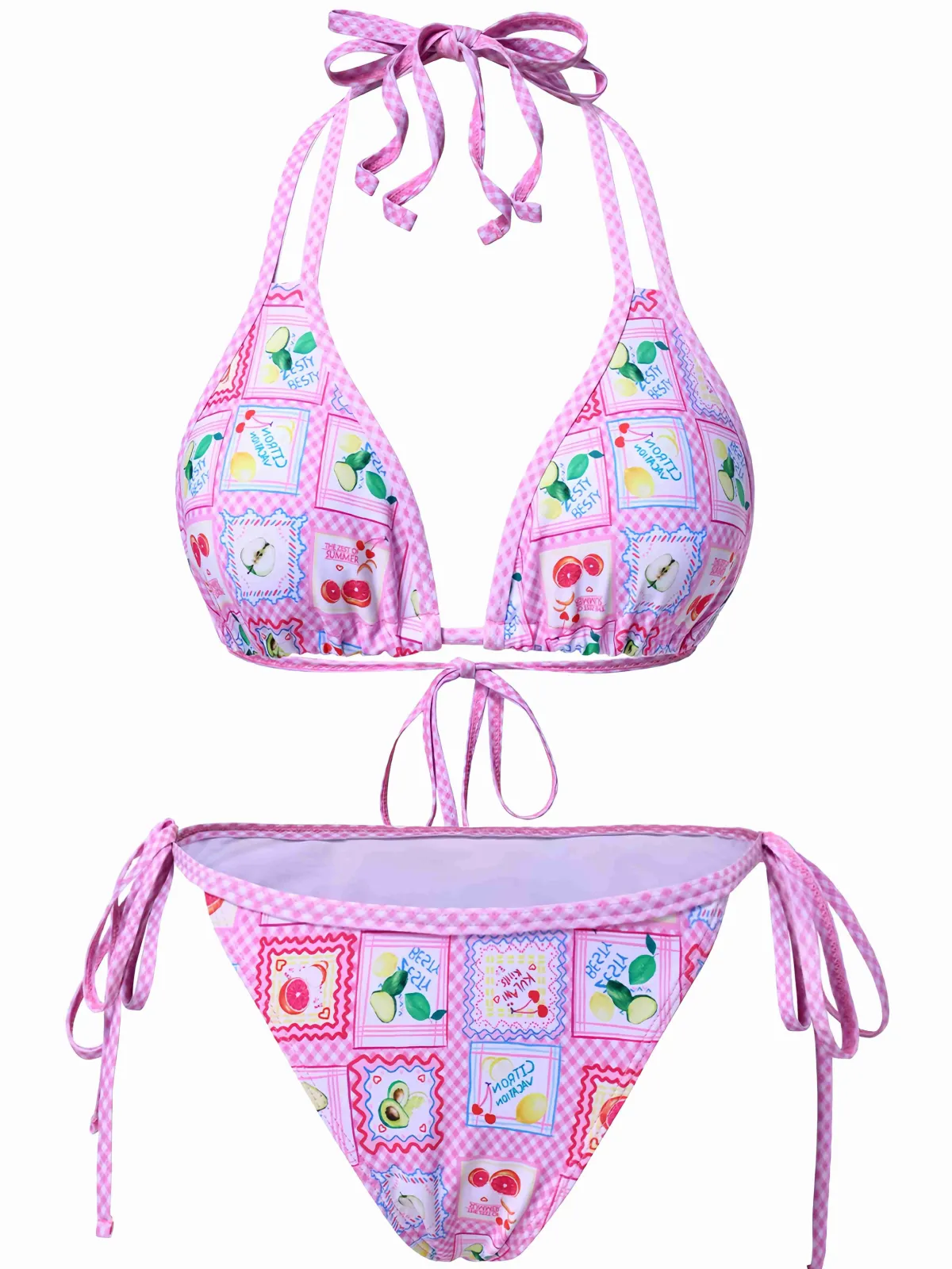 New Retro Stage 1960s Fruits Plaid Halter Bikini Set Pink