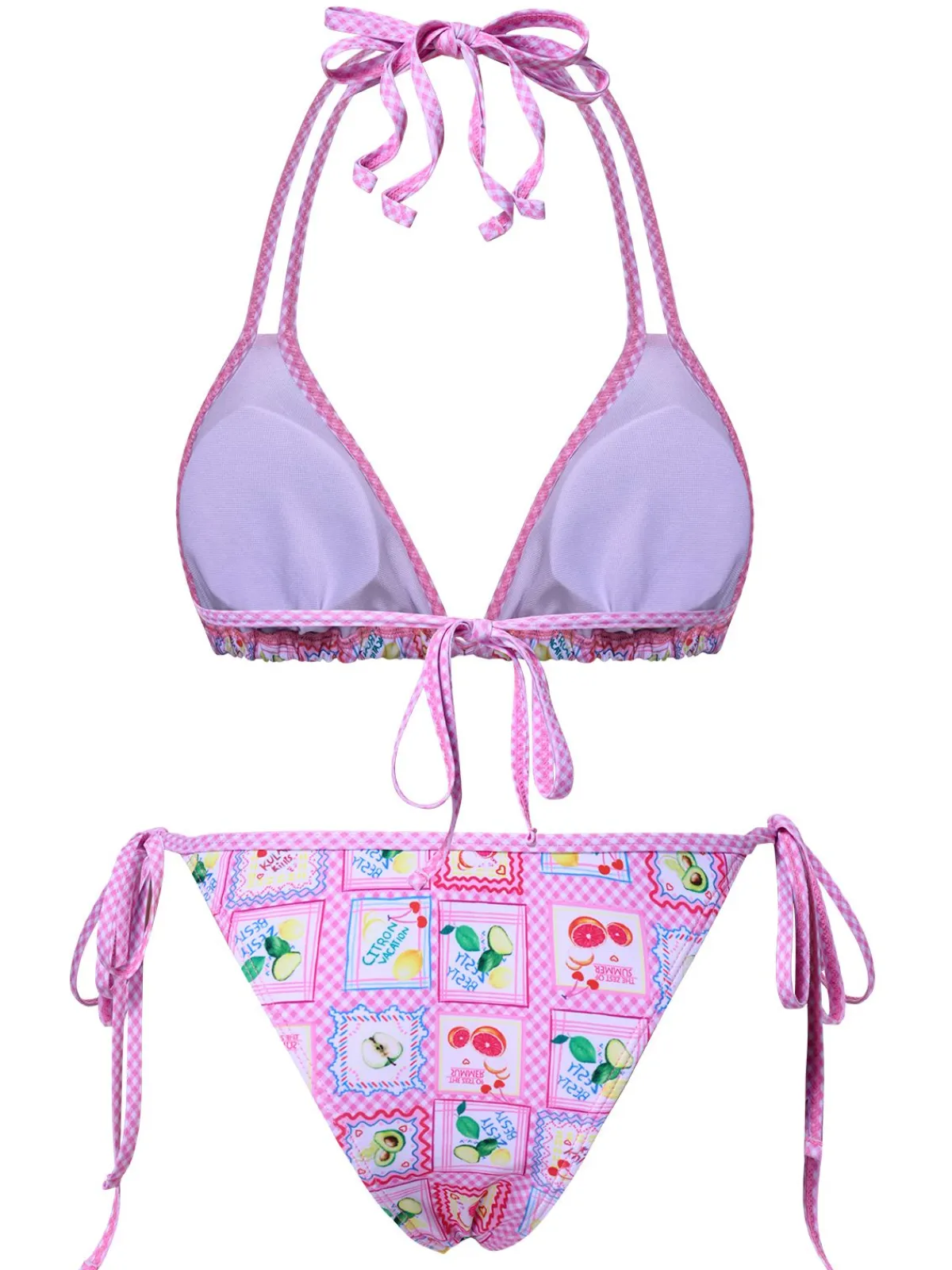 New Retro Stage 1960s Fruits Plaid Halter Bikini Set Pink