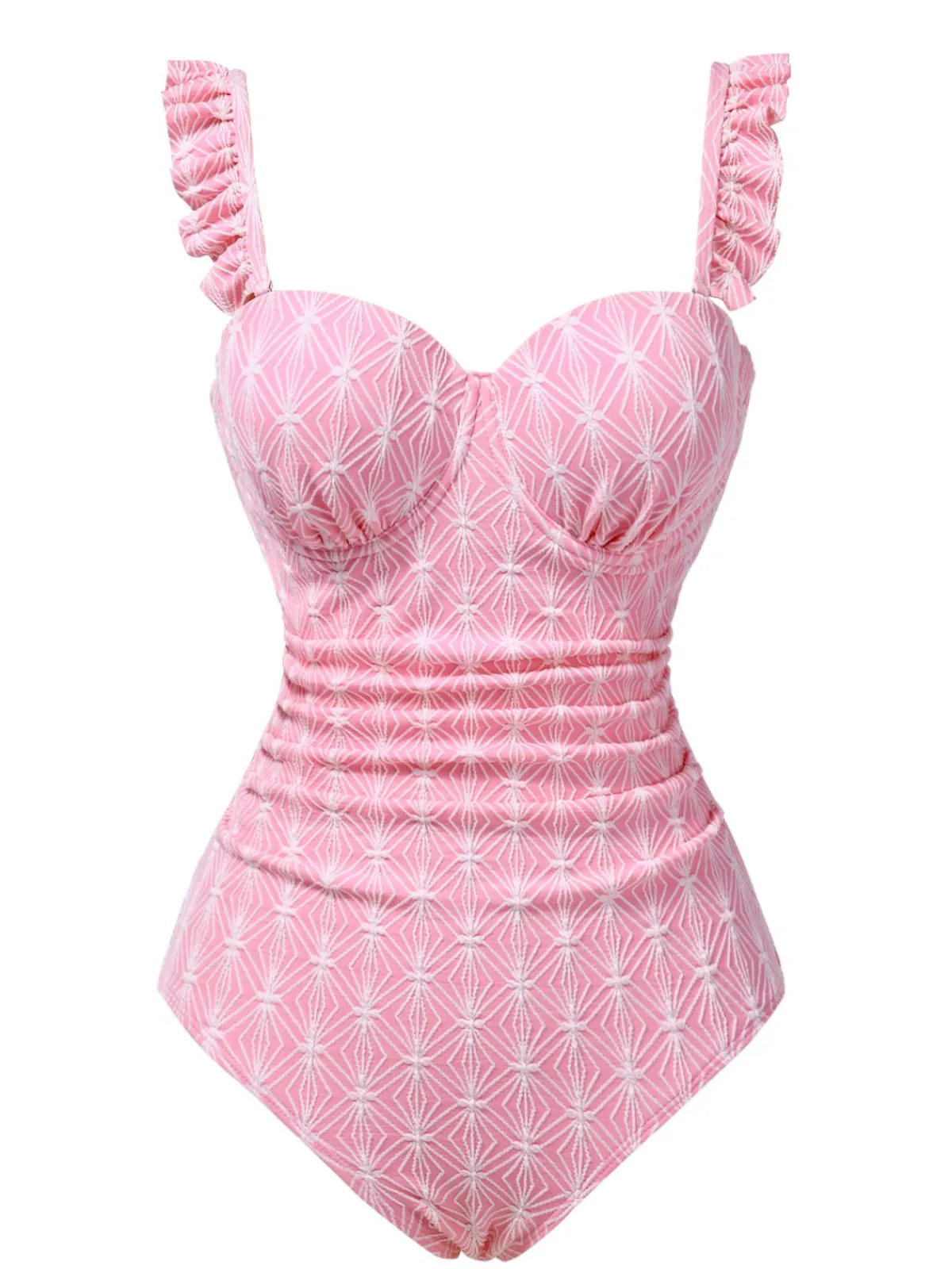 Outlet Retro Stage 1950s Geometric Ruffled One-Piece Swimsuit Pink