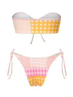 Hot Retro Stage 1970s Gingham Plaid Bandeau Bikini Set Pink