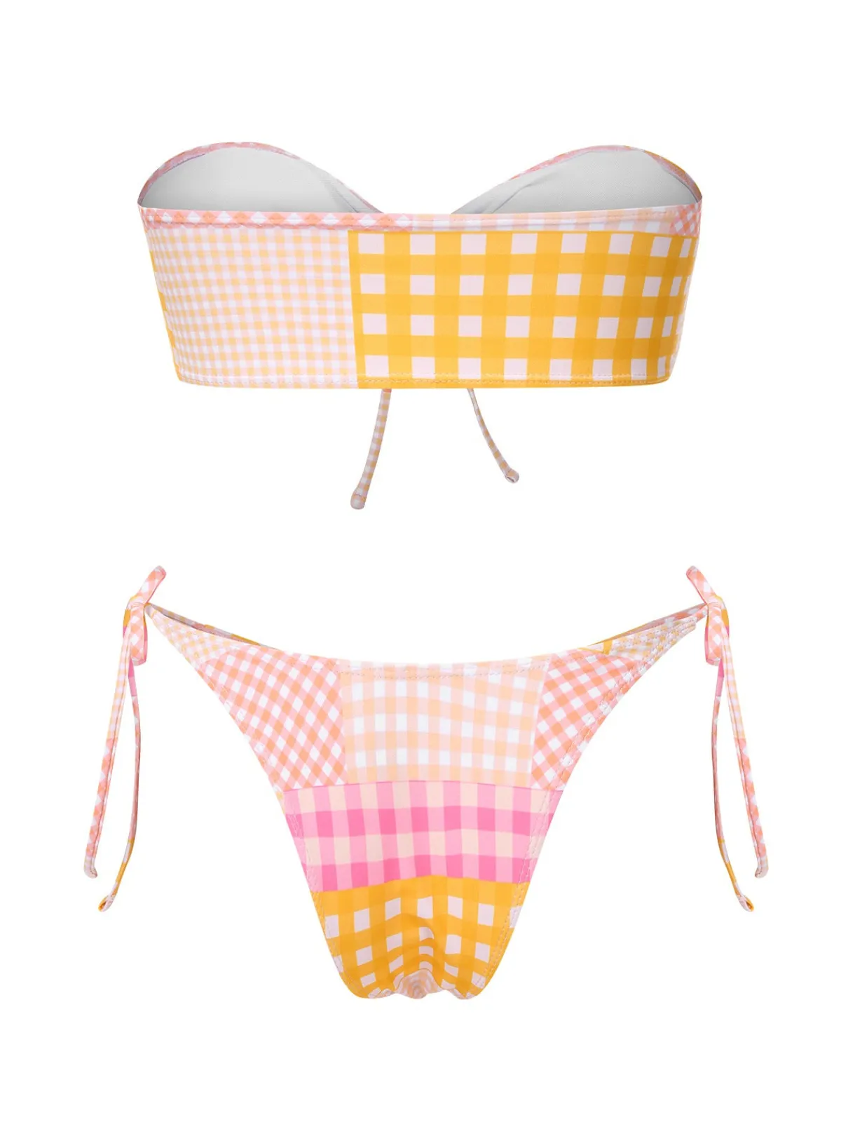 Hot Retro Stage 1970s Gingham Plaid Bandeau Bikini Set Pink