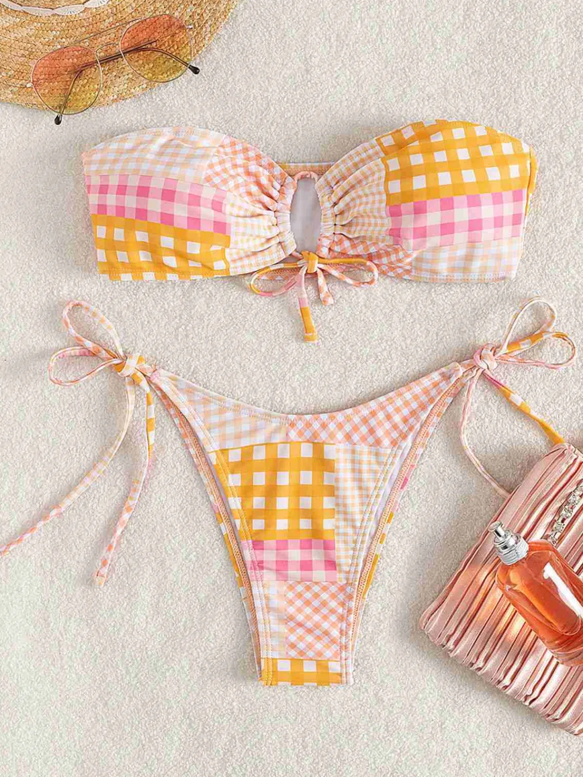 Hot Retro Stage 1970s Gingham Plaid Bandeau Bikini Set Pink