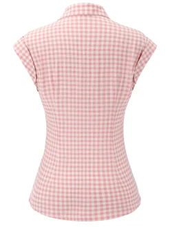 Fashion Retro Stage 1950s Gingham Plaid Lapel Shirt Pink