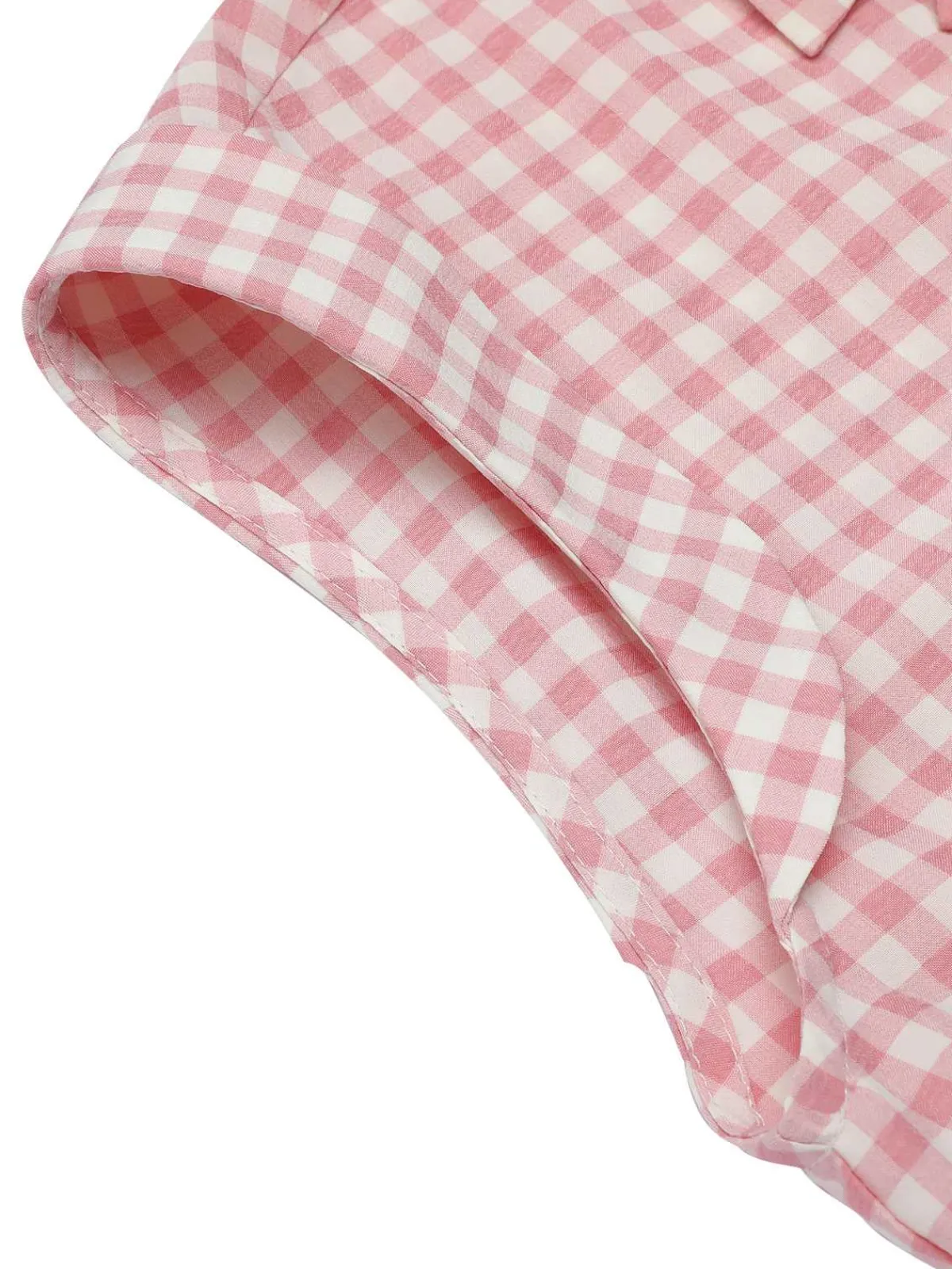 Fashion Retro Stage 1950s Gingham Plaid Lapel Shirt Pink