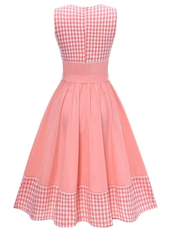 Online Retro Stage 1950s Gingham Plaid Patchwork Cotton Dress Pink