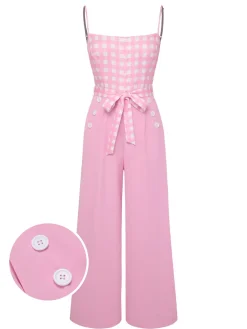 Discount Retro Stage 1950s Gingham Plaid Suspender Jumpsuit Pink