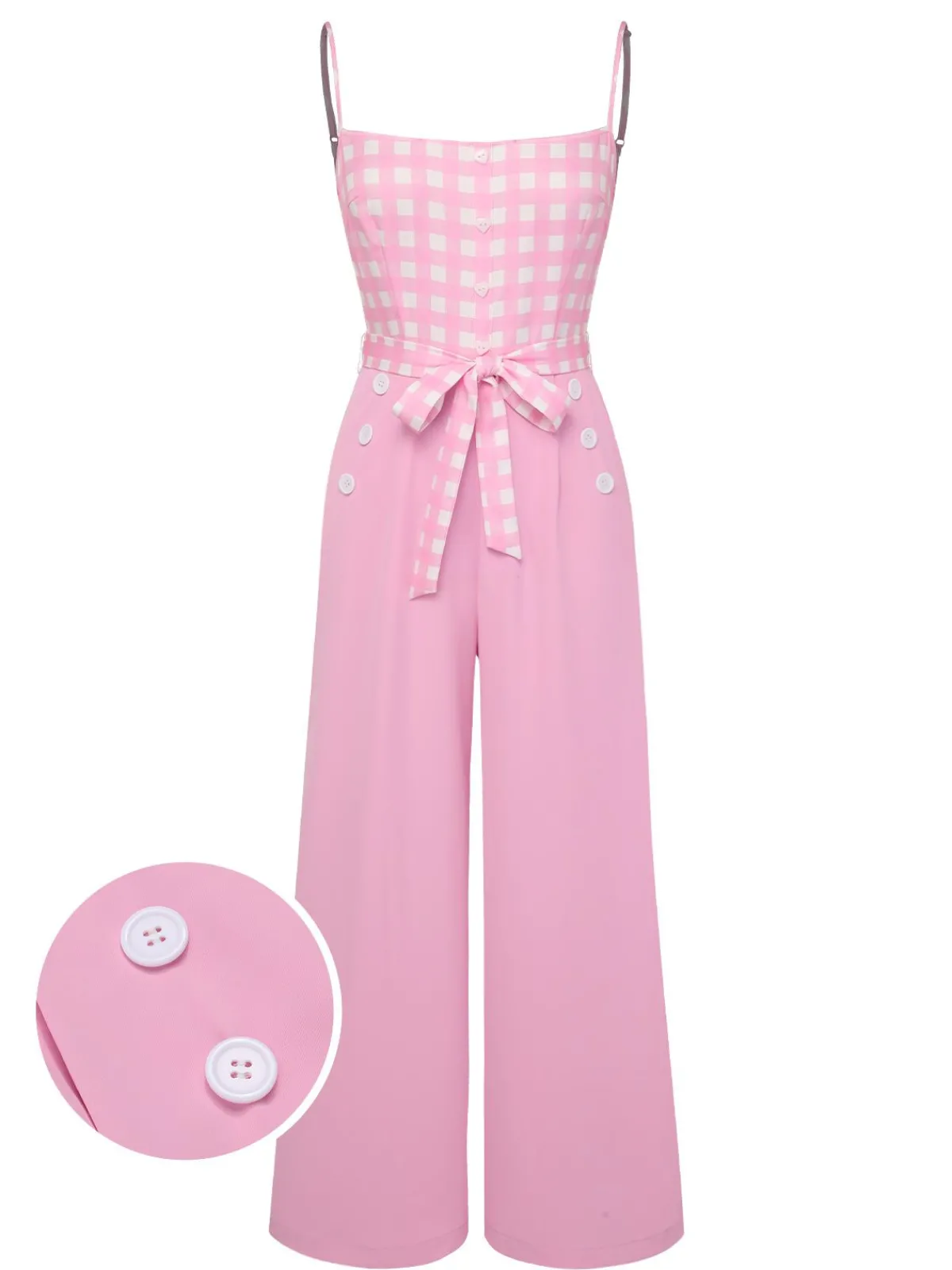 Discount Retro Stage 1950s Gingham Plaid Suspender Jumpsuit Pink
