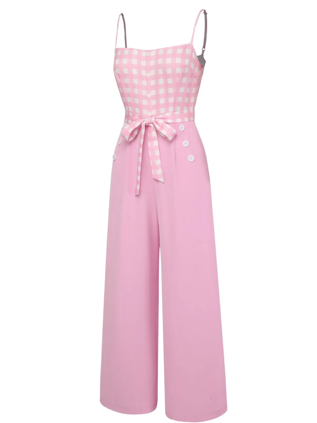 Discount Retro Stage 1950s Gingham Plaid Suspender Jumpsuit Pink