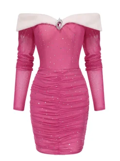Clearance Retro Stage 1960s Glitter Off-Shoulder Plush Wrinkle Dress Pink