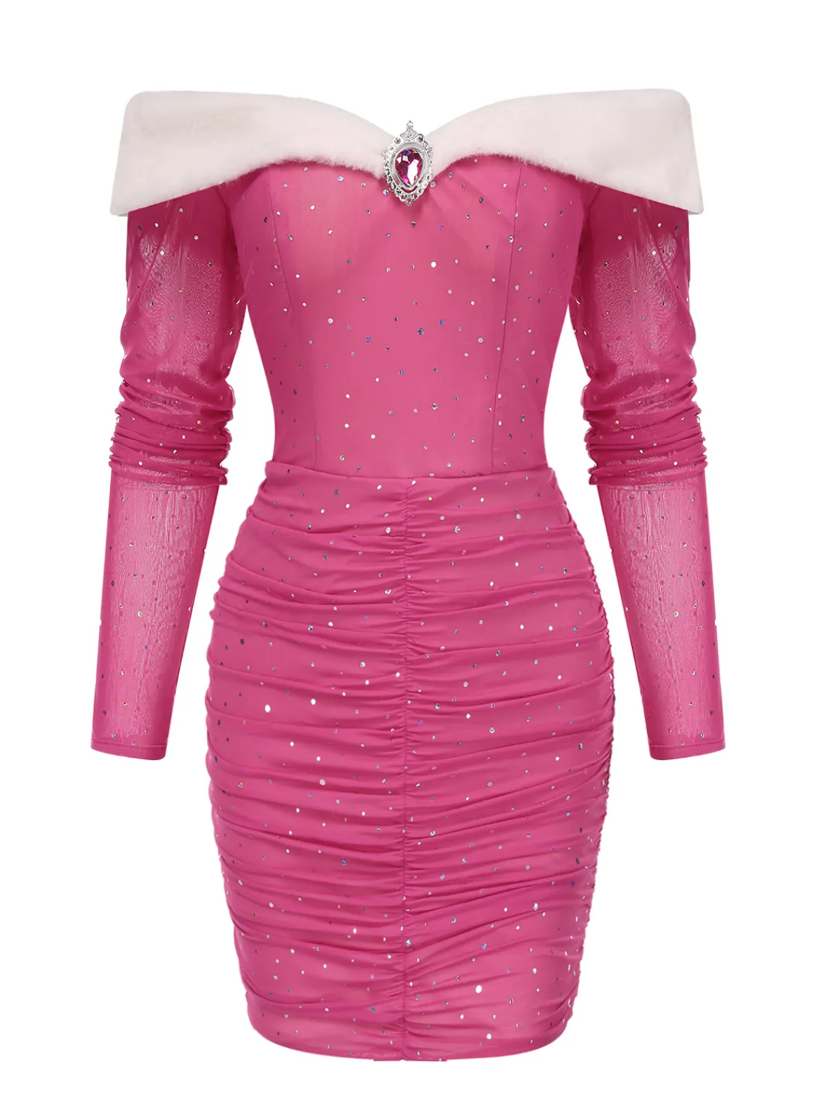Clearance Retro Stage 1960s Glitter Off-Shoulder Plush Wrinkle Dress Pink