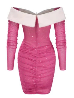 Clearance Retro Stage 1960s Glitter Off-Shoulder Plush Wrinkle Dress Pink