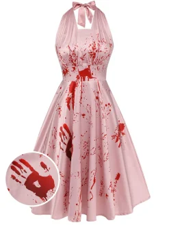 Hot Retro Stage 1950s Halloween Bloodstain Halter Dress Pink