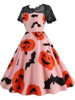 Best Retro Stage 1950s Halloween Pumpkin Bats Lace Dress Pink
