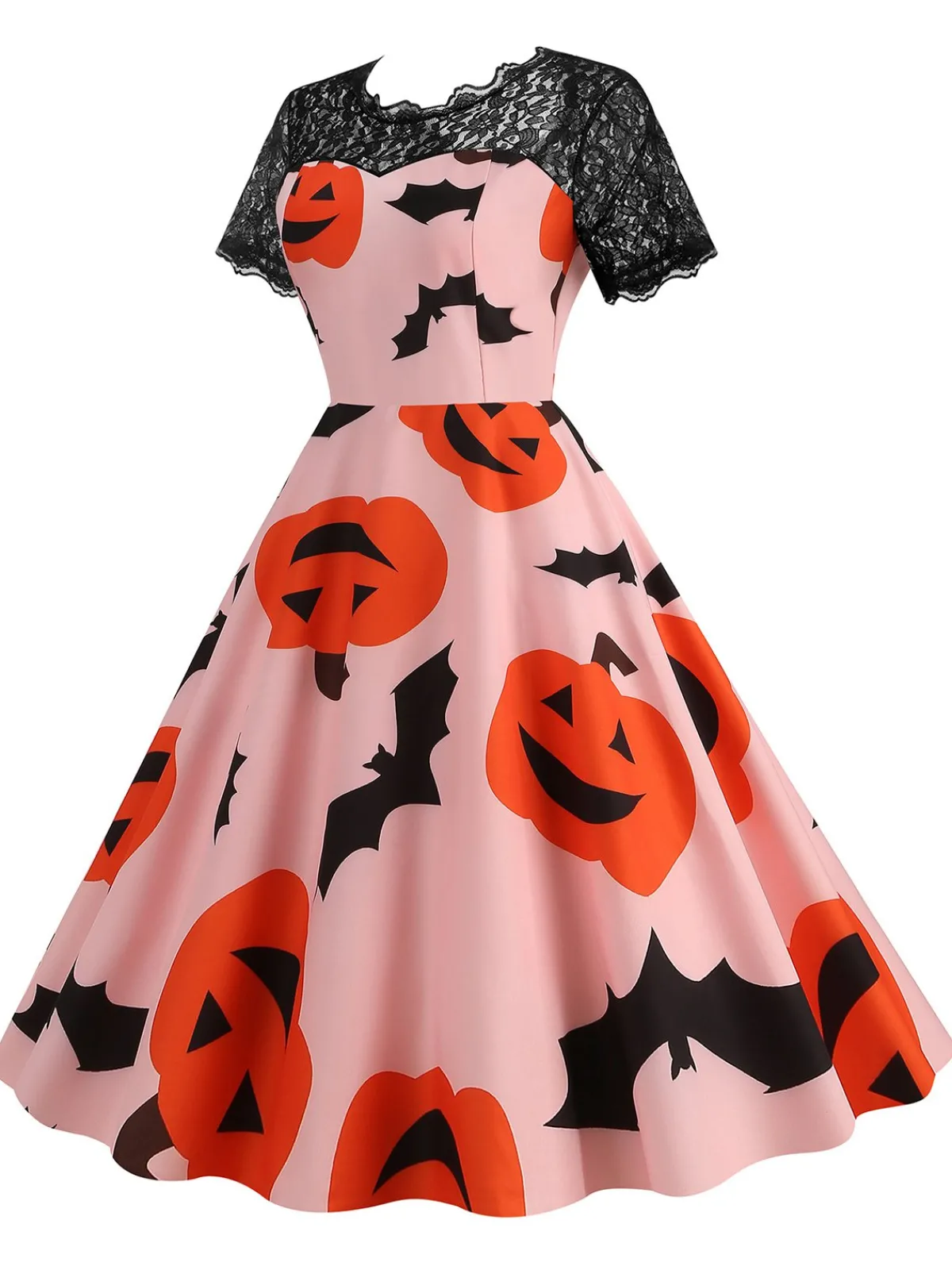 Best Retro Stage 1950s Halloween Pumpkin Bats Lace Dress Pink