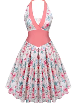 New Retro Stage 1950s Halter Floral Swing Dress Pink