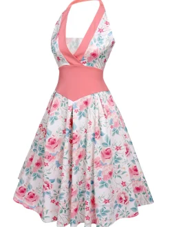 New Retro Stage 1950s Halter Floral Swing Dress Pink