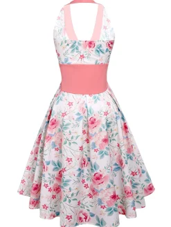 New Retro Stage 1950s Halter Floral Swing Dress Pink
