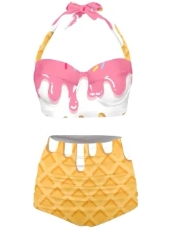 Discount Retro Stage Pink 1970s Halter Ice-Cream Cone High-Waist Bikini