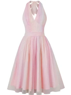 Online Retro Stage 1950s Halter Mesh Sequined Dress Pink