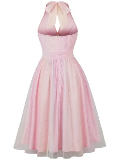 Online Retro Stage 1950s Halter Mesh Sequined Dress Pink