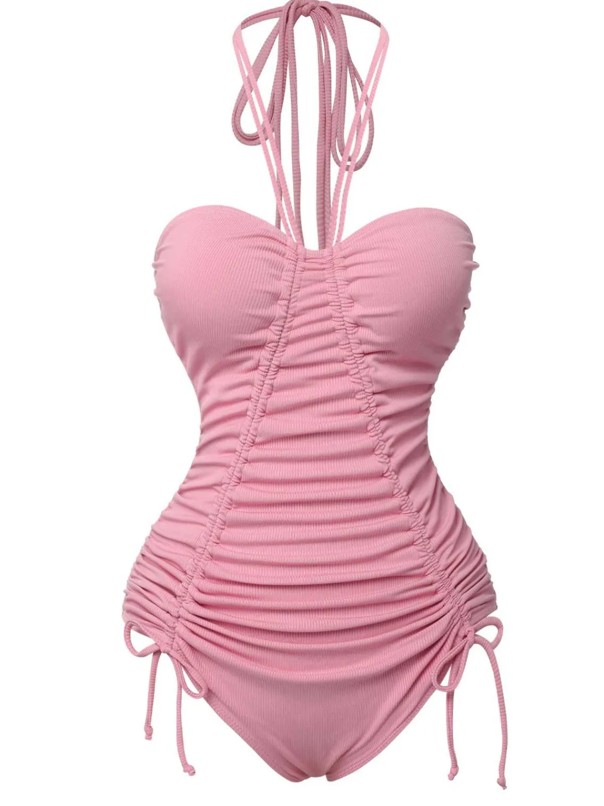Hot Retro Stage Pink 1950s Halter Pleated Solid One-Piece Swimsuit Pale Pink