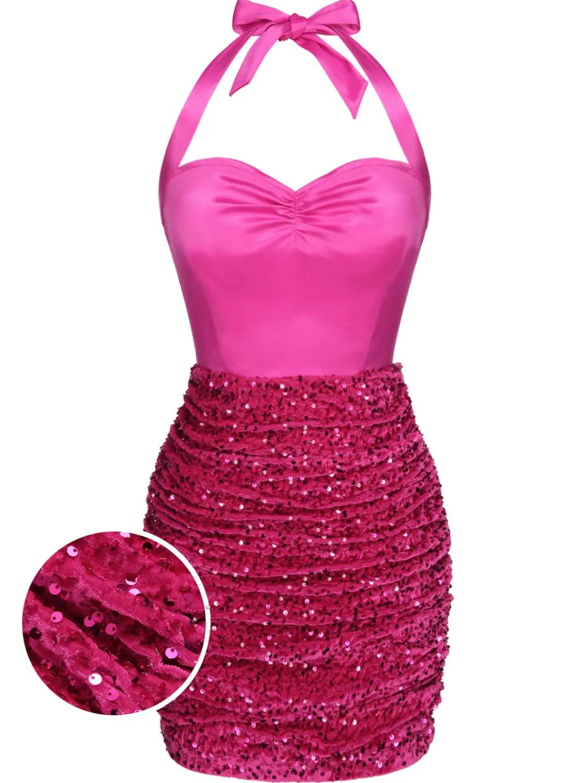 Clearance Retro Stage 1960s Halter Sequined Wrap Dress Pink
