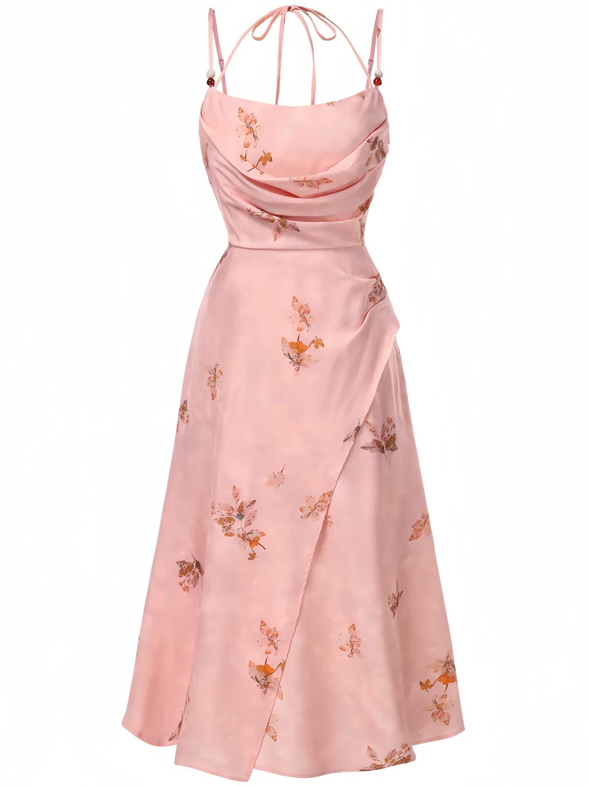 Online Retro Stage 1930s Halter Strap Floral Satin Dress Pink